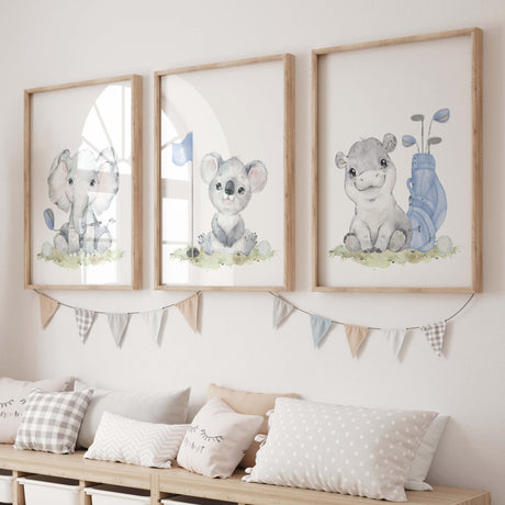 Watercolor golf nursery print with safari animals: elephant, hippo,  koala in light blue, brown, gray colors for toddler room decor and boys room decor, sport nursery decor, golf nursery decor.