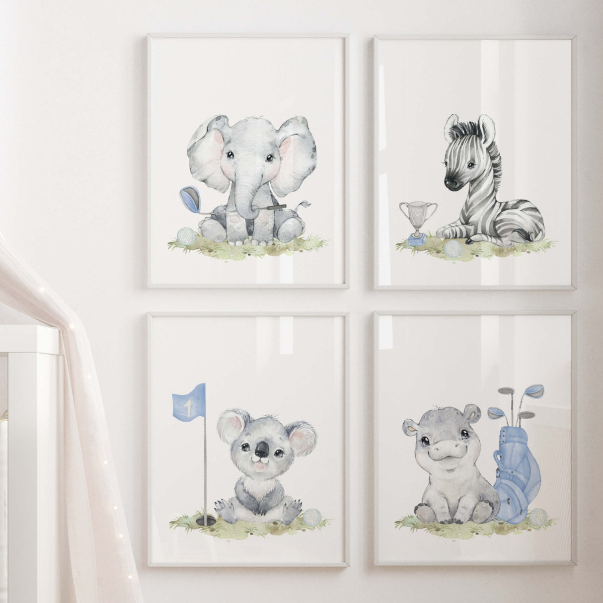 Watercolor golf nursery printable with safari animals: elephant, hippo,  zebra, koala in light blue, brown, gray colors for toddler room decor and boys room decor, sport nursery decor, golf nursery decor.