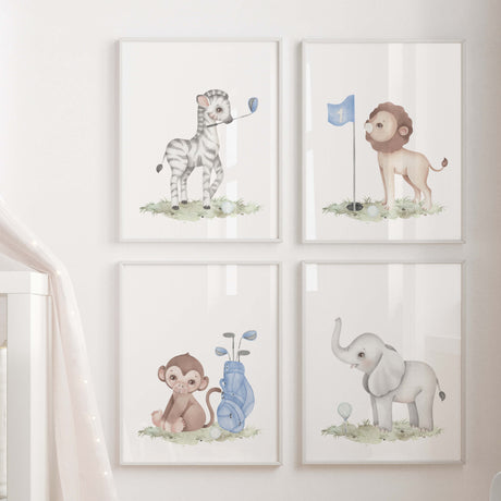 Watercolor golf animal print with safari animals for baby boys room decor and toddler room decor, sport nursery decor.