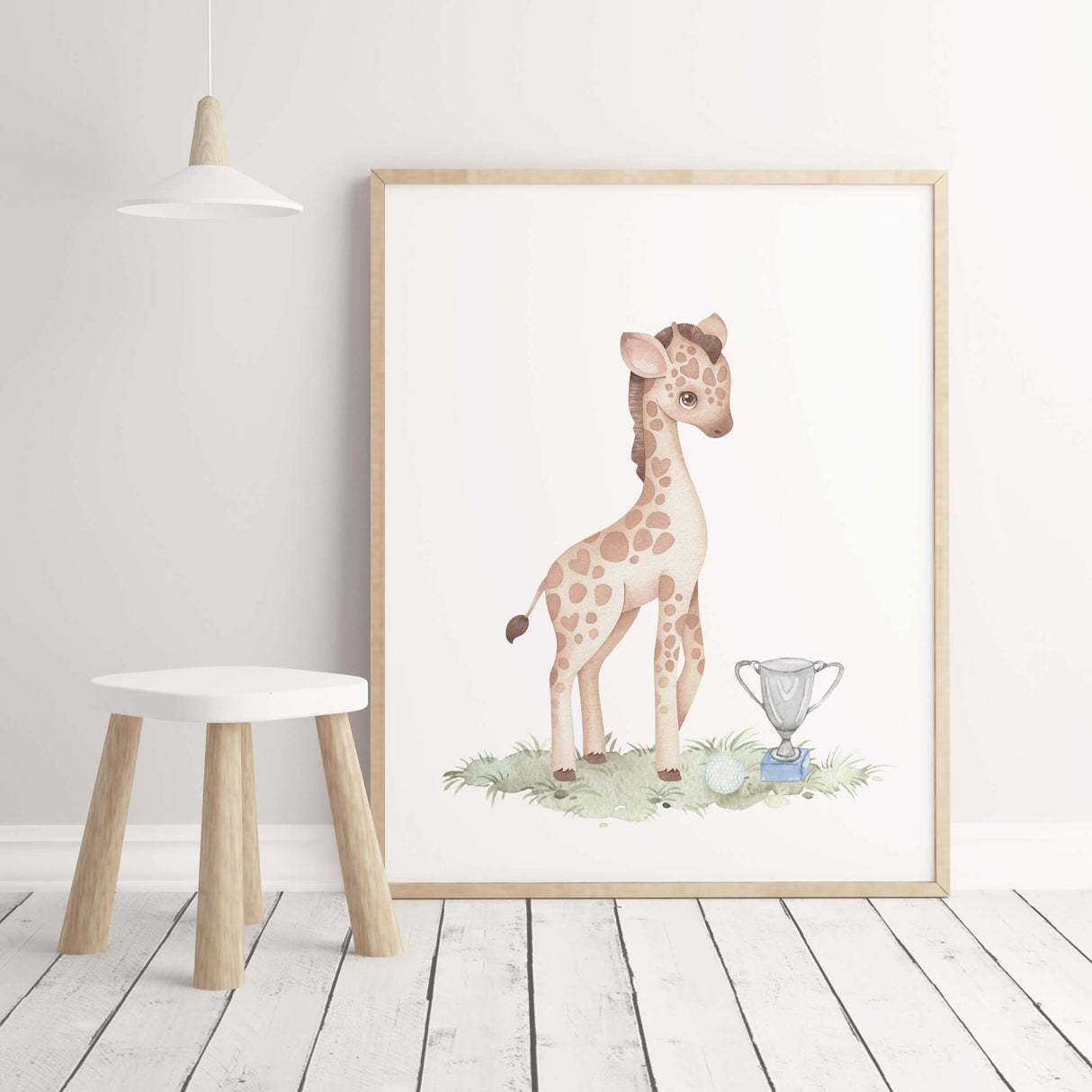 Watercolor golf animal printable with giraffe for baby boys room decor and toddler room decor, sport nursery decor.