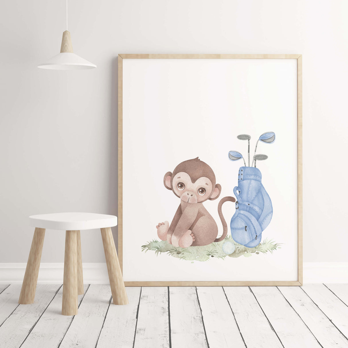 Watercolor golf animal printable with monkey for baby boys room decor and toddler room decor, sport nursery decor.