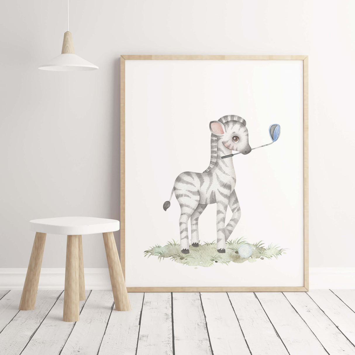 Watercolor golf animal printable with zebra for baby boys room decor and toddler room decor, sport nursery decor.