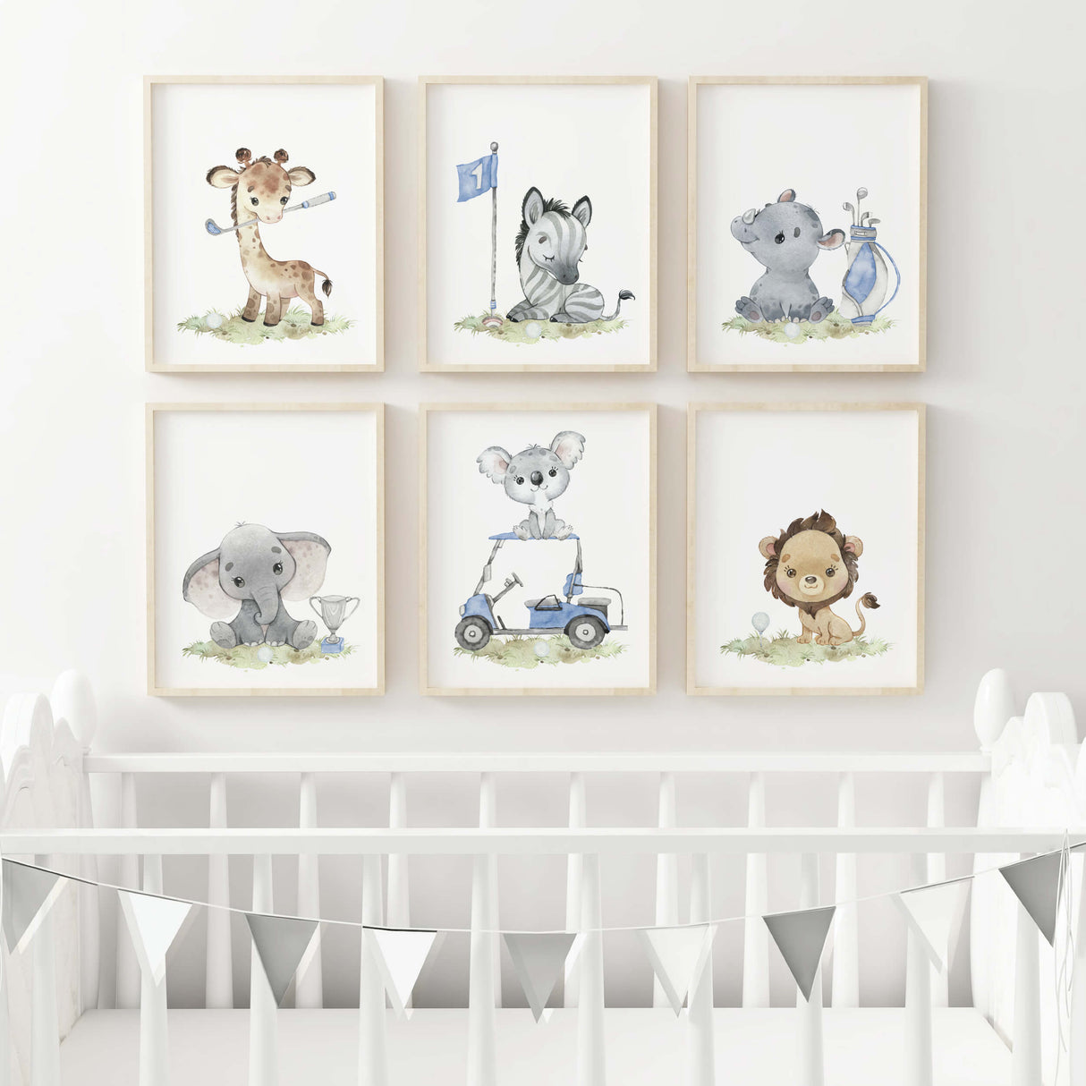 Watercolor safari animals golf nursery poster with koala, giraffe, zebra, elephant, lion, rhino and blue golf accessories for baby boys room decor, toddler room decor.