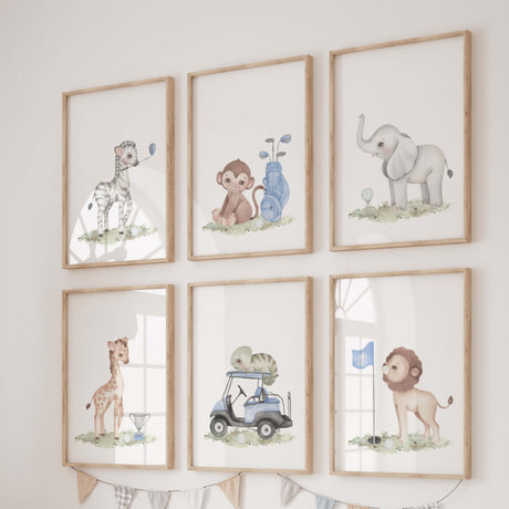 Watercolor golf animal print with zebra, monkey, elephant, giraffe, lion, chameleon for baby boys room decor and toddler room decor.