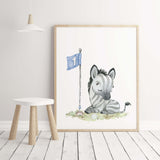 Watercolor safari animals golf nursery poster with zebra and blue golf accessories for baby boys room decor, toddler room decor.