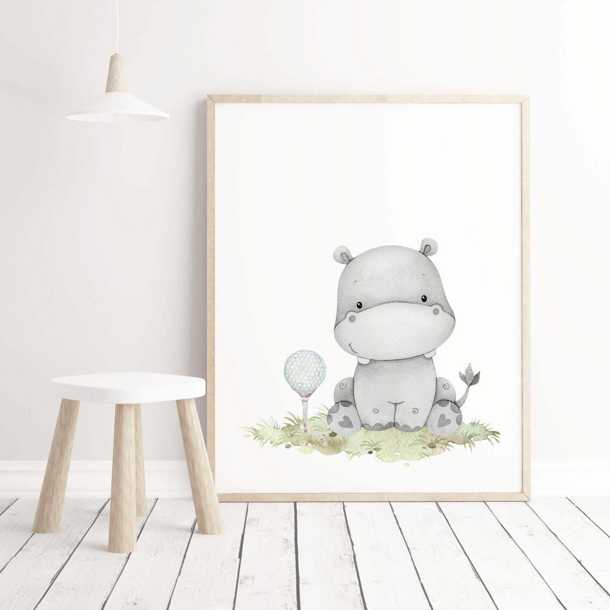 Watercolor golf nursery poster with hippo in pink, brown, gray colors for baby girls room decor, golf nursery decor, sport nursery decor.