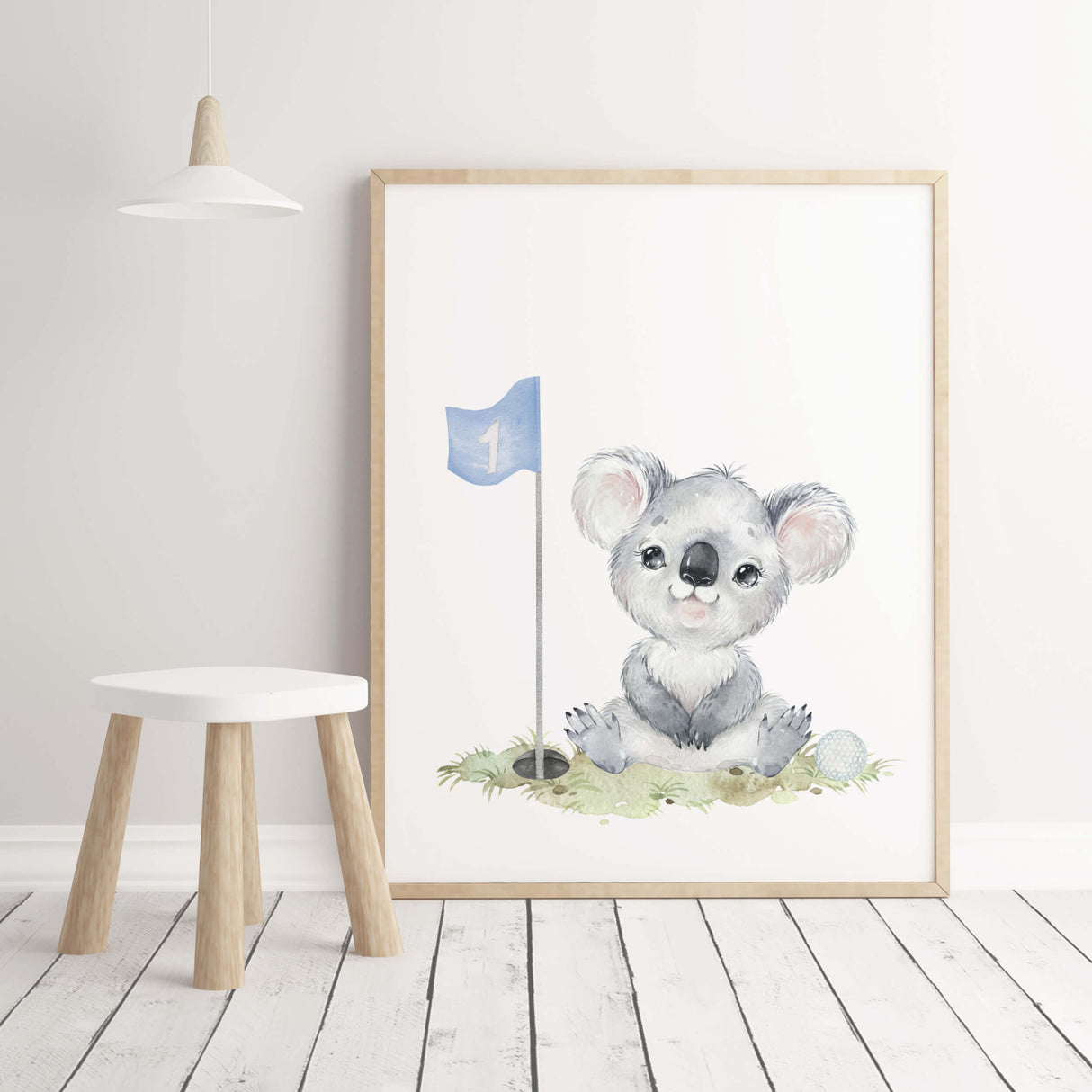 Watercolor golf nursery printable with koala in light blue, brown, gray colors for toddler room decor and boys room decor, sport nursery decor, golf nursery decor.