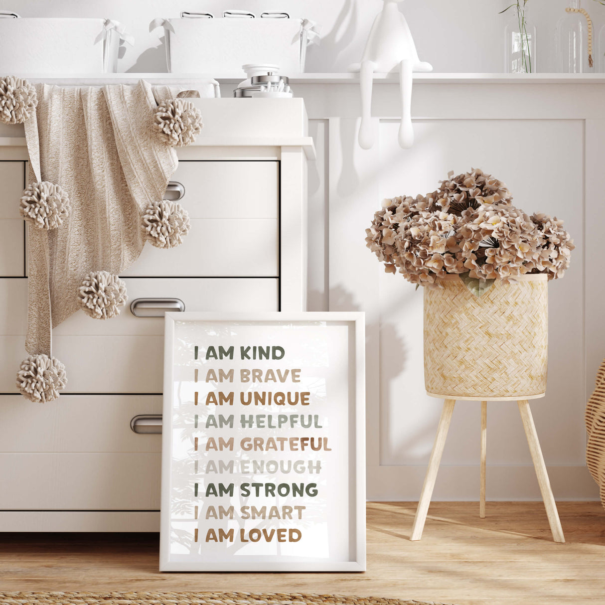 Affirmation positive quote for neutral kids room decor.