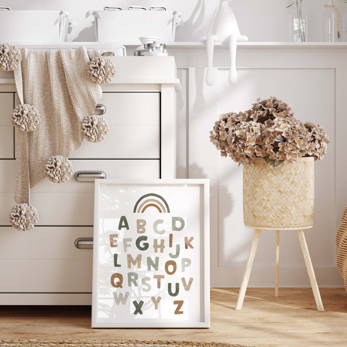 Watercolor alphabet print for gender neutral nursery decor and kids decor with sage green, brown, beige and gray colors.