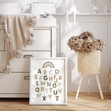 Watercolor alphabet print for gender neutral nursery decor and kids decor with sage green, brown, beige and gray colors.