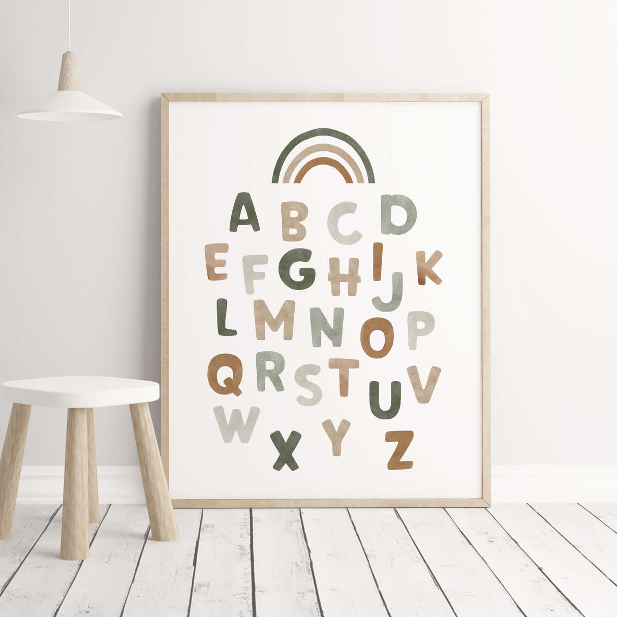 Watercolor alphabet nursery print for gender neutral nursery and kids decor with earth colors.