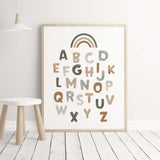 Watercolor alphabet print for gender neutral nursery decor and kids decor with sage green, brown, beige and gray colors.