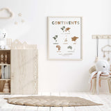 Watercolor continents printable for gender neutral nursery and kids  room decor.