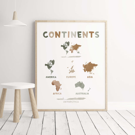 Watercolor continents kids map print for gender neutral educational room decor.