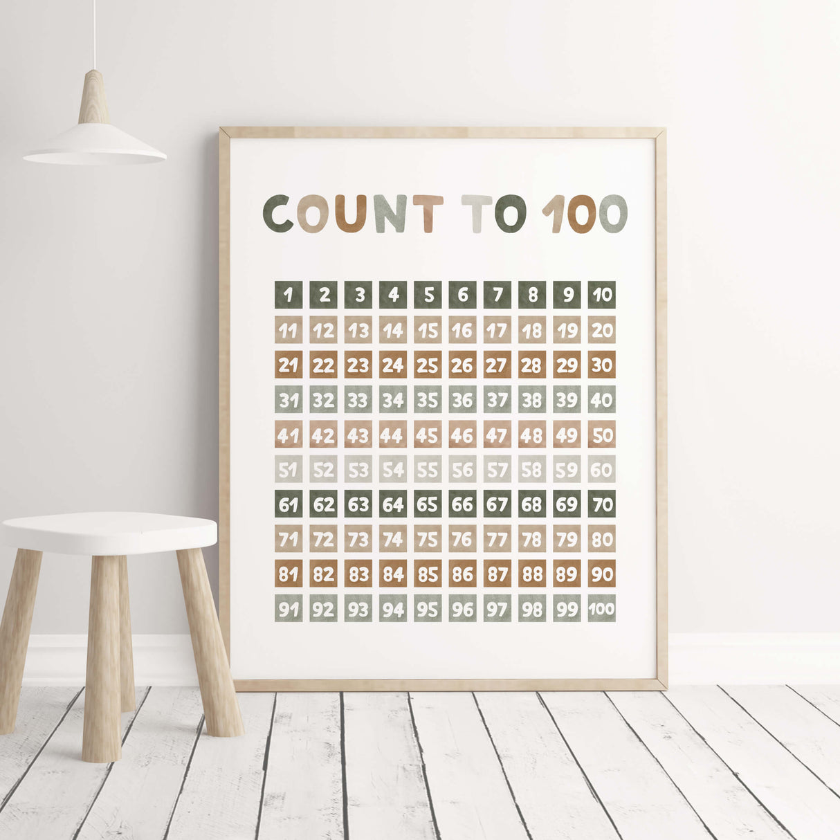 Watercolor count to 100 nursery print for gender neutral nursery and kids decor with earth colors.