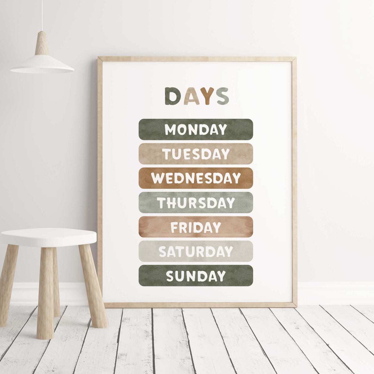 Watercolor days nursery print for gender neutral nursery and kids decor with earth colors.