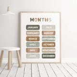 Watercolor months nursery print for gender neutral nursery and kids decor with earth colors.