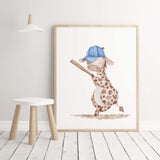 Watercolor baseball with woodland animals (giraffe) nursery print for baby boys room decor, toddler room decor.