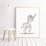 Watercolor baseball safari animal print with zebra for baby boys room decor, toddler room decor, gender neutral nursery decor.