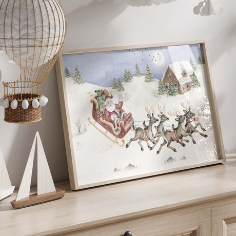 Winter Landscape Nursery Print with Santa's Sleigh with Deer for christmas nursery decor.