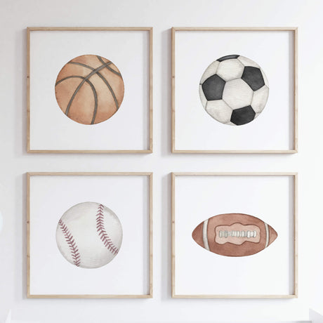 Watercolor sports ball print with football, soccer ball, basketball and baseball for neutral nursery decor, toddler room decor,  boys room decor and kids room decor.