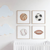 Set of 4 watercolor sports ball print with football, soccer ball, basketball and baseball for neutral nursery decor, toddler room decor,  boys room decor and kids room decor.