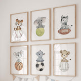 Watercolor safari animals with sport ball print for kids room and nursery decor.