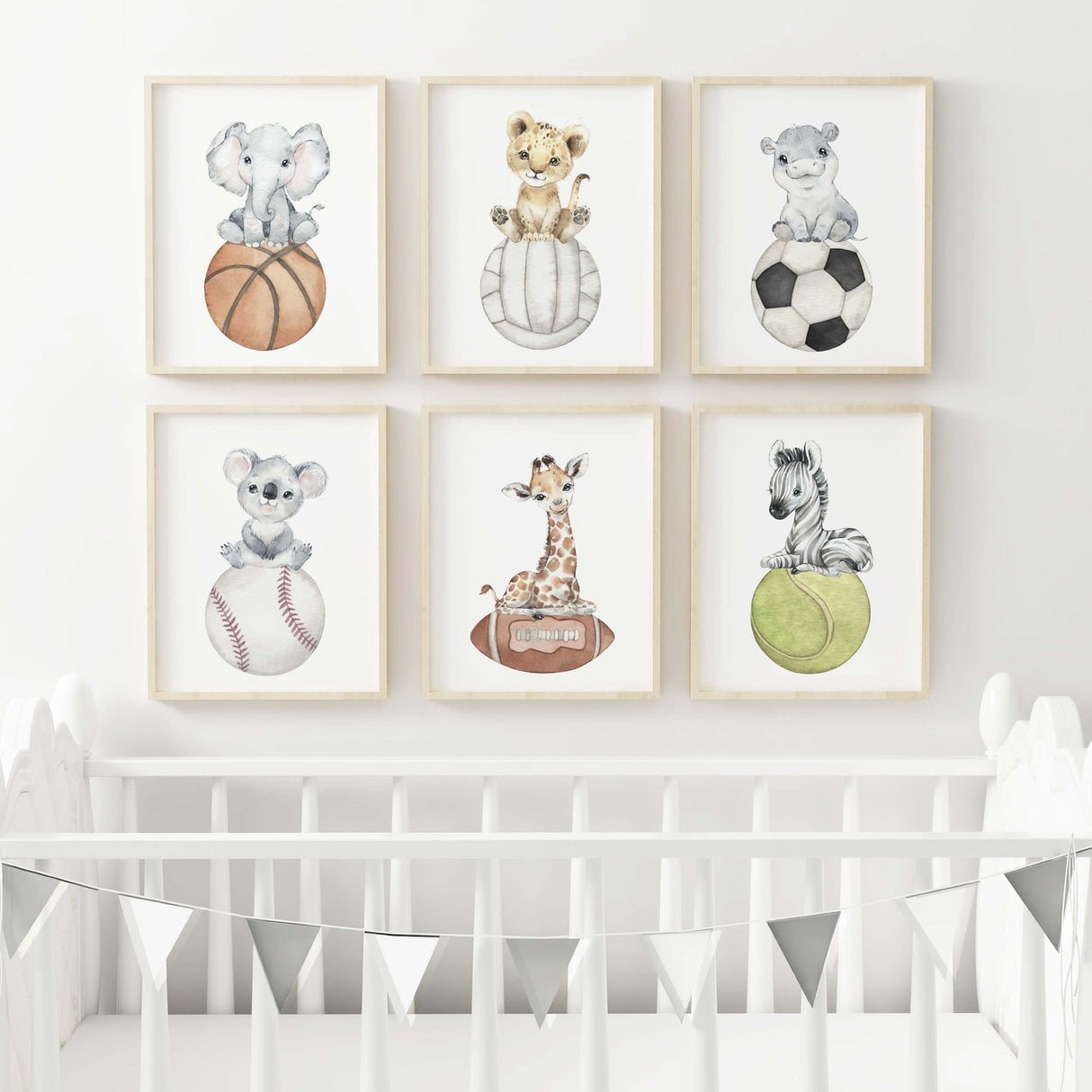 Watercolor sport nursery print with safari animals for gender neutral nursery decor, toddler room decor, boys room decor.