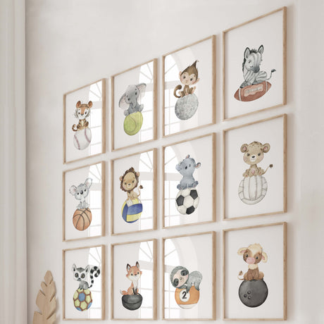 Set of 12 sport ball prints with safari animal for nursery and kids room decor.