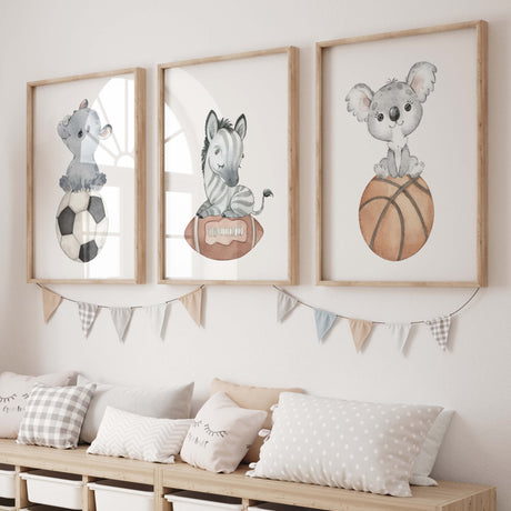 Watercolor sport nursery printable with  soccer, football, basketball, rhino, zebra, koala for baby boys room decor, toddler room decor, and gender neutral nursery decor.