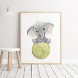 Watercolor elephant with tennis ball print for kids room and nursery decor.