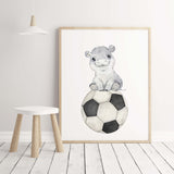 Watercolor sport nursery print with  hippo and soccer for gender neutral nursery decor, toddler room decor, boys room decor.