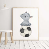 Watercolor soccer nursery print with rhino for neutral nursery decor.