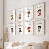 Superboy printable with super hero and inspirational quote for baby boys room decor, toddler room decor, quote: be unique, be bold, be brave, be smart, be honest, be fearless, be happy, be strong.