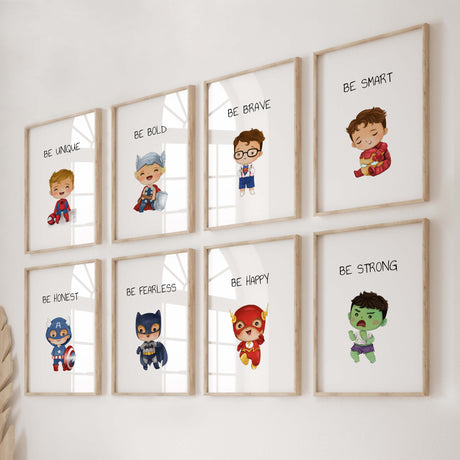 Superboy print with super hero and inspirational quote for baby boys room decor, toddler room decor, quote: be unique, be bold, be brave, be smart, be honest, be fearless, be happy, be strong.