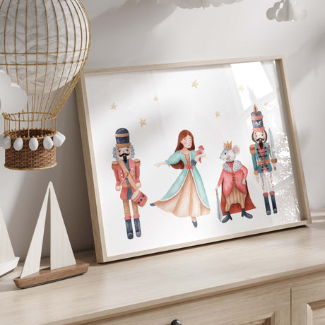 Watercolor nutcracker print for christmas nursery decor.