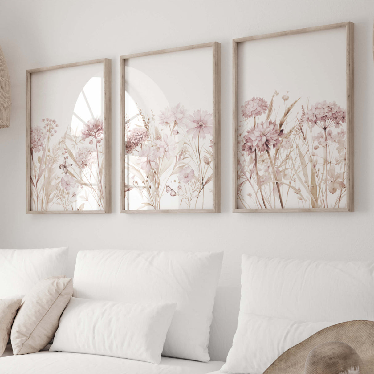 Watercolor pink, burgundy and beige wildflower print for neutral home decor.