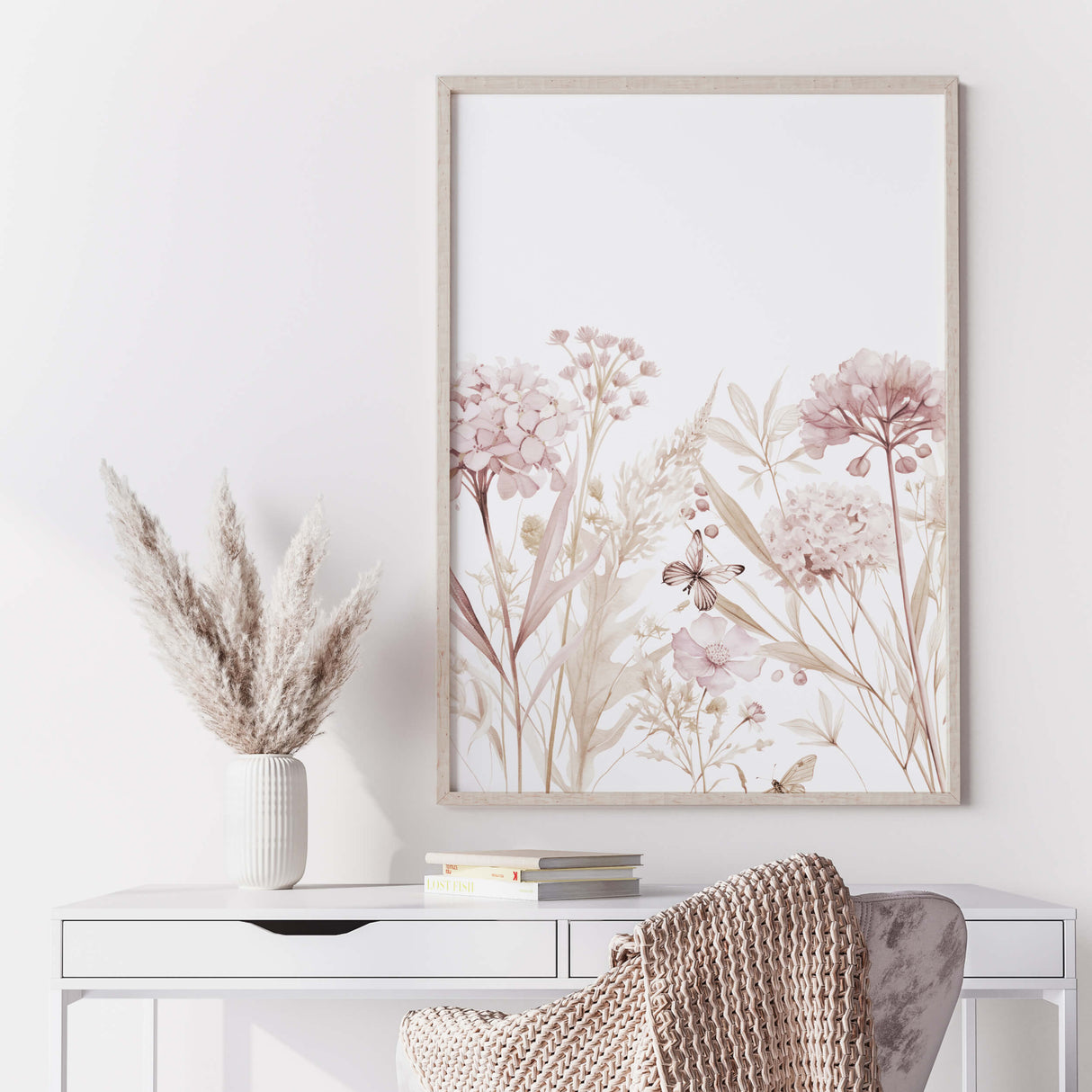 Watercolor pink, burgundy and beige wildflower printable for flower home decor.