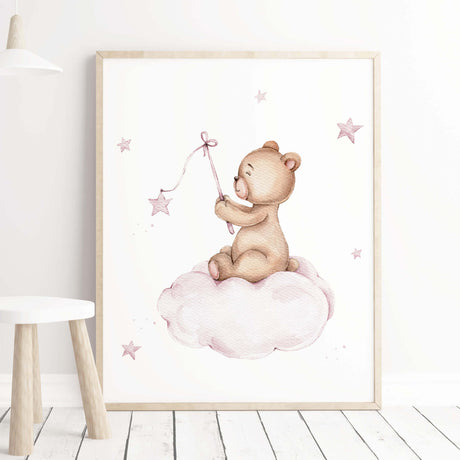 Watercolor teddy bear print with pink and brown colors for girls nursery decor.