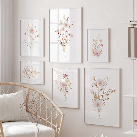 Set of 6 watercolor wildflower print for pink beige home decor.