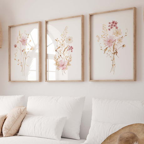 Watercolor pink beige wildflower print for neutral home decor and beige white wall decor.