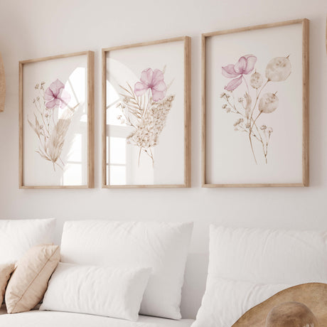 Watercolor beige pink flower print for neutral spring home decor.