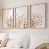 Set of 3 watercolor flower in beige, pink colors for neutral home decor.