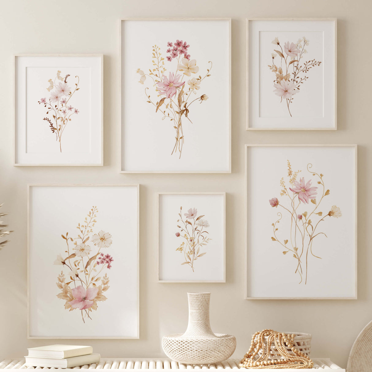 Pink beige wildflower print for girls room decor and home decor.