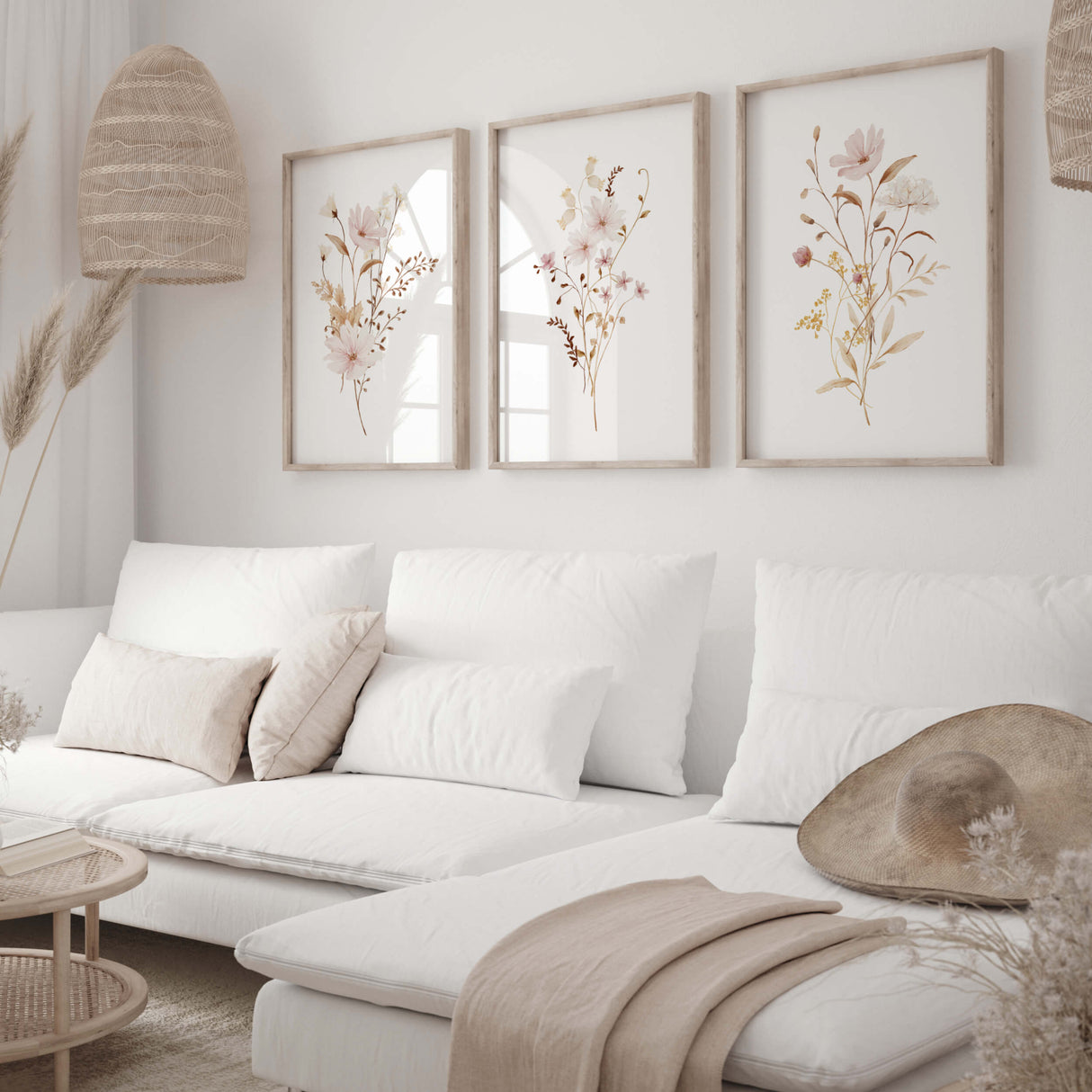 Set of 3 watercolor beige light pink flower poster for spring home decor.