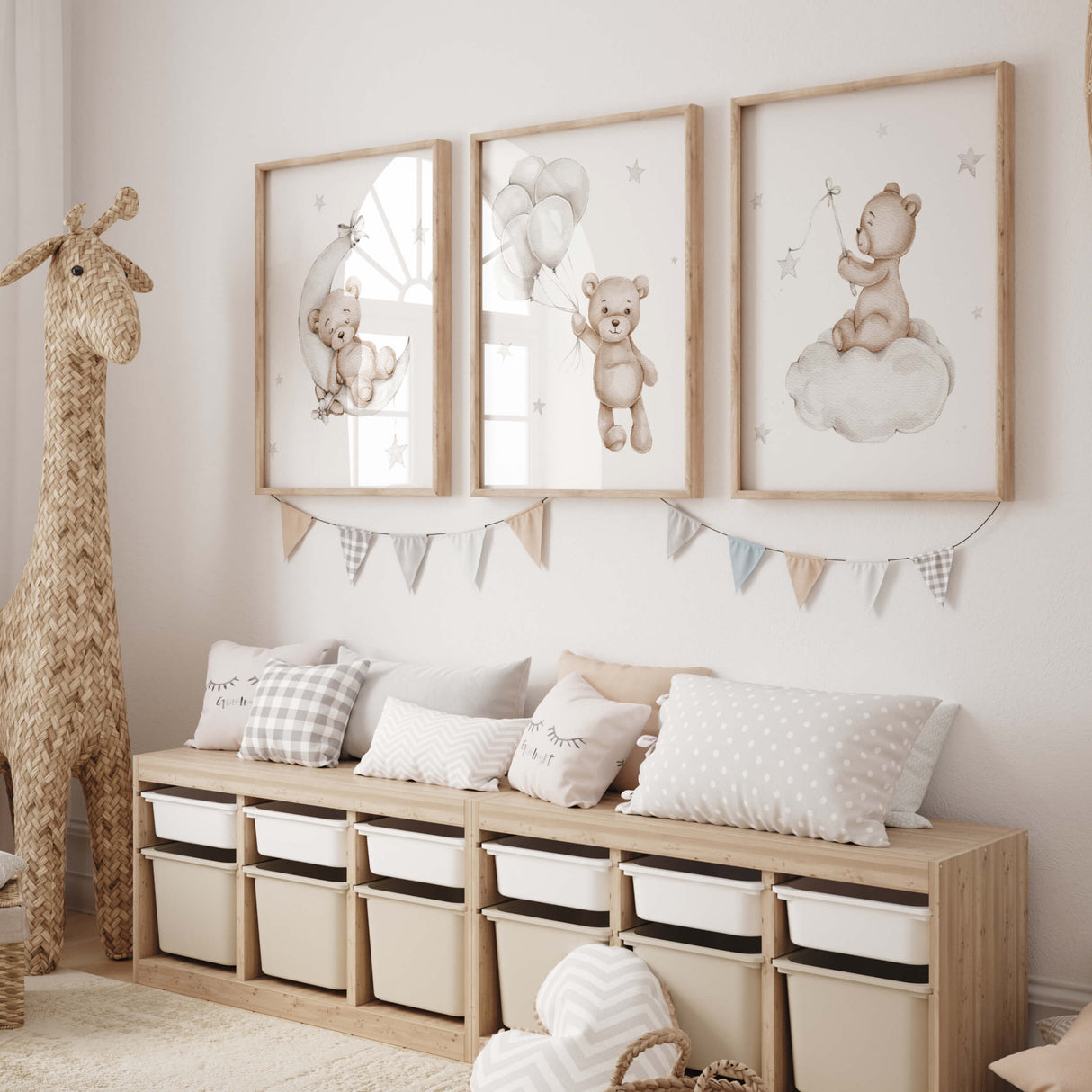 Watercolor teddy bear in light gray and beige color poster for gender neutral nursery decor.