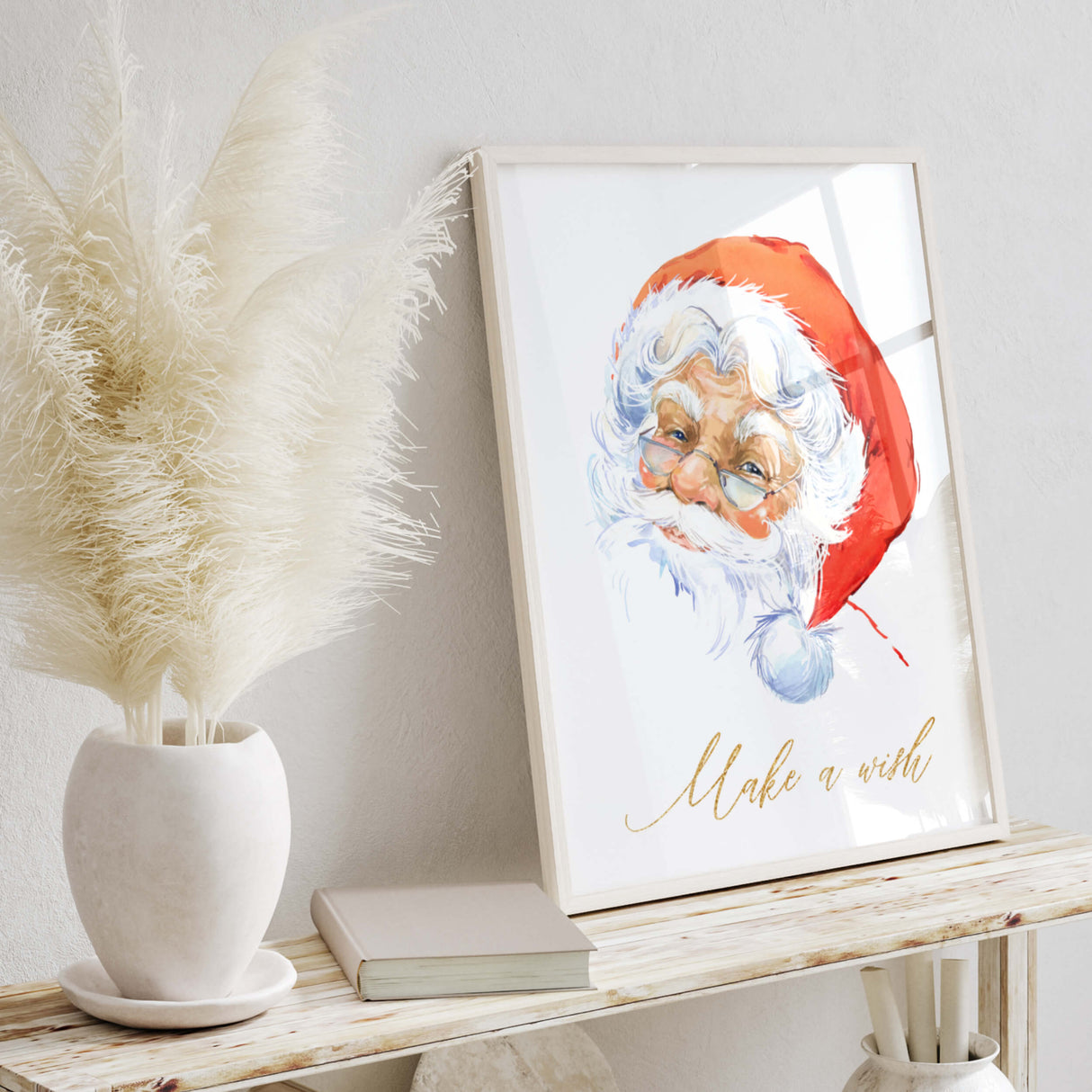 Watercolor Santa Claus print with Make a wish quote for christmas wall decor.