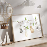 Watercolor easter print with easter egg tree branch and eggs in black and white, beige colors for neutral easter home decor.