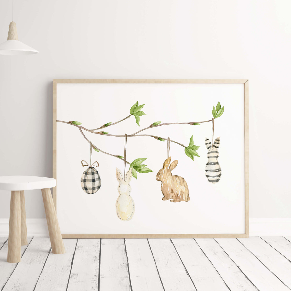 Watercolor easter printable with easter egg tree branch and eggs in black and white, beige colors for neutral easter home decor.