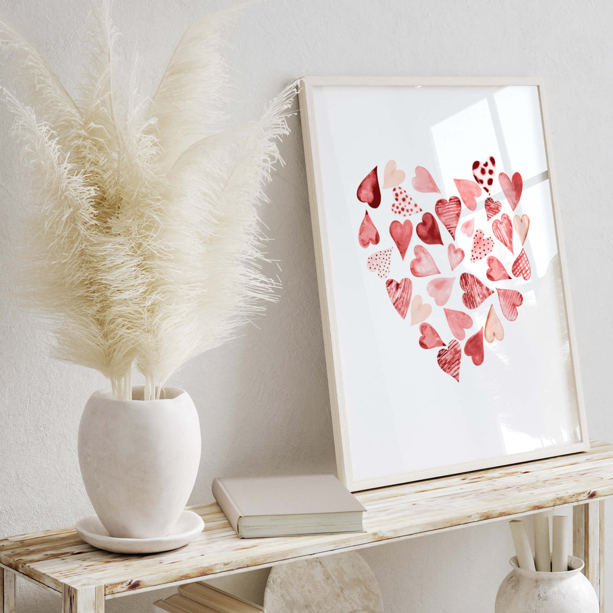 Watercolor hearts in heart poster for valentine's day decor, pink home decor, red home decor, love home decor.